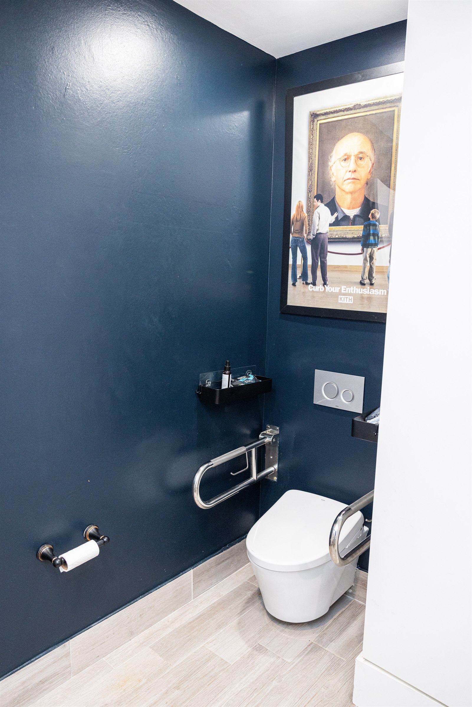 Accessible powder room detail showing the fold-down grab bar and wall-mounted flush plate beside the toilet